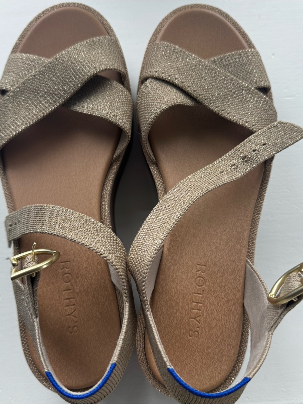 Rothy's Metallic Gold Crisscross Strap Sandals with Ankle Buckle